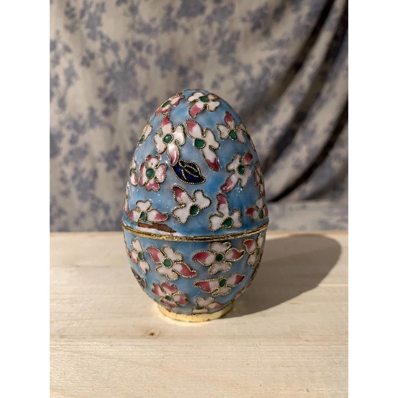 Floral Cloisonné Enamel Egg Trinket Box - Picture 2 of 9